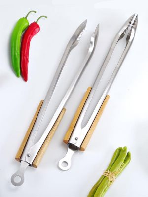 19 Inch Stainless Steel Extra Large Food Clip Baking Wooden Handle Bamboo Handle Barbecue Clip Baking Barbeque Accessories
