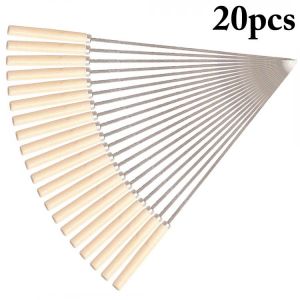 20pcs Stainless Steel BBQ Tools Flat Barbecue Stick BBQ Roasting Needle with Wooden Handle Skewers Outdoor Camping BBQ Forks