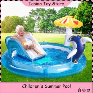 Kid Large Inflated Swimming Pool Dolphin Sprinkler Pools Can Accommodate Four Child with Slide Outdoor Toys for Children