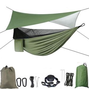 Camping Hammock Mosquito Net and Rain Fly Tarp Portable Tent Parachute Hammock with Tree Strap Indoor Outdoor Backpacking Travel
