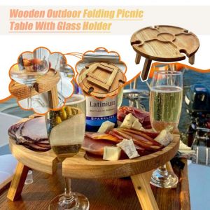 New Wooden Outdoor Folding Picnic-table With Glass Holder 2In1 Wine Glass Rack Outdoor Wine Table Wooden Table Easy Carry Wine