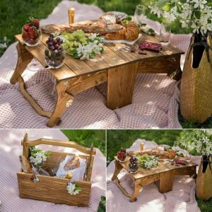 Folding 2 in 1 Picnic Basket and Table with Wine Glass Holder Beach Camping Portable Small Collapsible Garden Outdoor Tables
