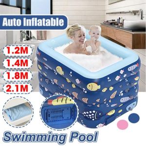 1.2m/1.4m/1.8m/2.1m Inflatable Swimming Pool Kids Adult Baby 4 Layer Square Paddling Pool Bathing Tub Home Garden Outdoor Indoor