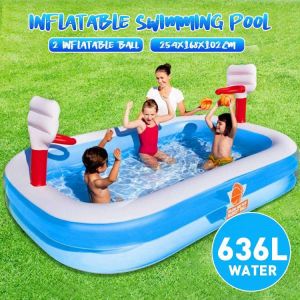 254x168x102cm Home Outdoor Swimming Pool Children's Inflatable Pool Water Basketball Home Paddling Pool with 2 Inflatable Bal