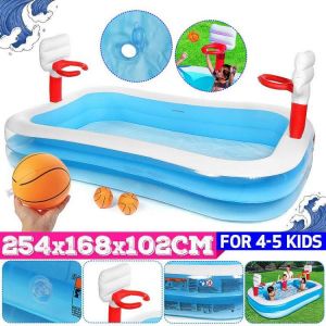 254x168x102cm Home Outdoor Swimming Pool Children's Inflatable Pool Water Basketball Home Paddling Pool with 2 Inflatable Bal