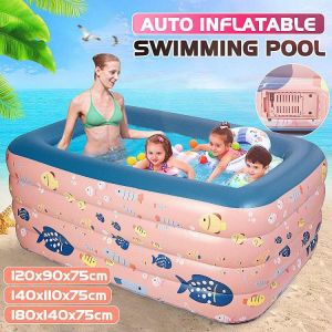 120cm/140cm/180cm Rectangular Inflatable Swimming Pool Kids Paddling Pool 4 Layers PVC Pink Bathing Tub Outdoor Summer