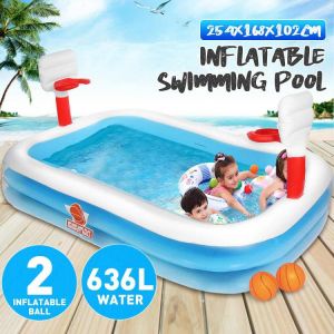 254x168x102cm Home Outdoor Swimming Pool Children's Inflatable Pool Water Basketball Home Paddling Pool with 2 Inflatable Bal