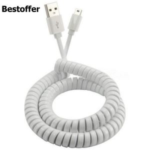 10FT/3M Flat Spiral Coiled USB 2.0 to Mini USB Data Sync & Charge Cable White Color