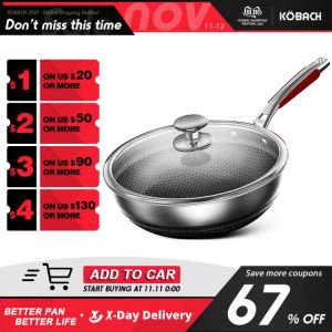 KOBACH 28cm frying pan wok kitchen nonstick pan stainless steel skillet honeycomb nonstick pan ​kitchen frying pan with lid