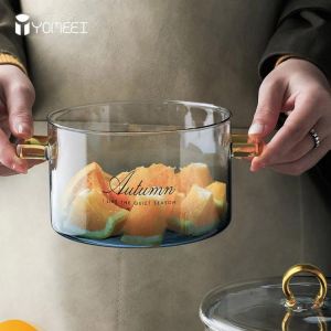 YOMEEI 800ML Creative Glass Bowl Household Vegetable Salad Glass Pot With Lid Heat-resistant Porridge Noodles Pot Cooking Tool