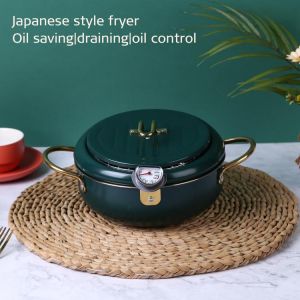 304 Stainless Steel Japanese Tempura Deep Fryer with Lid Thermometer with Strainer 20CM 24CM Kitchen Supplies
