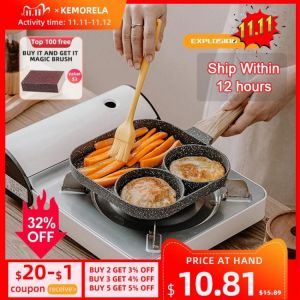 2/4 Hole Frying Pot Thickened Omelet Pan Black Non-stick Egg Steak Ham Pancake Wooden Handle Kitchen Cooking Breakfast Maker