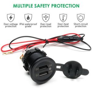 IP66 Water Proof 12V DC 2 USB Motorcycle Cigarette Lighter Socket Charger Connector and Fuse Converter Plug for Car Moto Boat