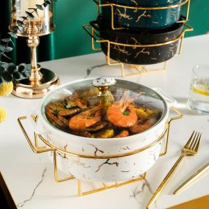 Marble Gold Pattern Nordic Ears Ceramic Pot Household Soup Pot Bowl Tableware Creative Pot Rack with Candle Holder Serving Bowl