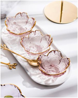 Small Glass Dish Nordic Style Gold Inlay Glass Sauce Bowl Mini Japanese Cherry Blossoms Seasoning Plate For Ice Cream Fruit Sala