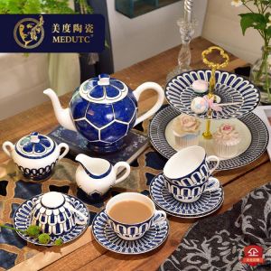 Bleus d'Ailleurs Bone China Coffee Luxury Porcelain Tea Set Advanced Pot Cup Ceramic Mug Sugar Bowl Creamer Teapot Drinkware