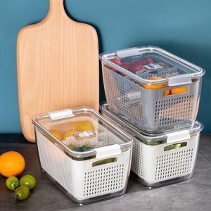 Fridge Storage Box Refrigerator Fresh Vegetable Fruit Boxes Drain Basket Storage Containers With Lid Kitchen Tools Organizer