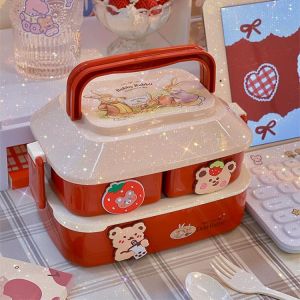 W&G Kawaii Lunch Box Double Student Bento Box Microwave Boxes Food Storage With Independent Box Cutlery For Camping Storage Bo