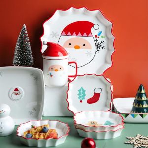 Nordic Retro Christmas Cute Tableware Ceramic Dinner Plates Steak Tray Dish Pastry Fruit Plate Home Decor Oval Dishes Couple Mug