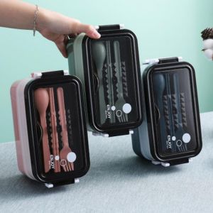 2 Layers Microwave Lunch Box 304 Stainless Steel Bento Box For Kids Worker Heating Lunch Container With Tableware Food Storage