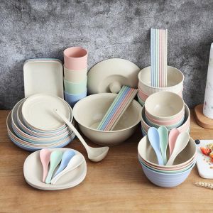 Wheat Straw Dinnerware Sets Lightweight Unbreakable Dishes Plates Bowls Spoons Microwave Dishwasher Safe Children Dinnerware Set