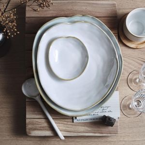 Jagencn Nordic Ceramic Food Dish Plate Household Pottery Flat European Salad Platter Snack Plate Irregular Tableware