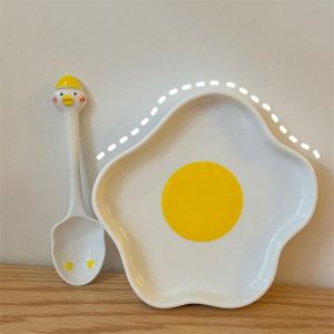 Kawaii Irregular Egg Plate For Food Ceramics Cute Breakfast Cake Fruit Dessert Salad Dishes With Spoon Kitchen Tableware Gift