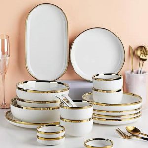 White Porcelain Plates for Food Dinner Set Dishes Salad Soup Bowl Ceramic Plates and Bowls Set Tableware Set Service for 4/6/8