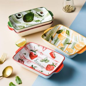 9inch Creative Household Ceramic Salad Plates Japanese Baking Tray Baking Pan Strawberry Binaural Rectangle Fruit Plate Dishware
