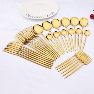 30Pcs Mirror Gold Dinnerware Cutlery Set Stainless Steel Black Flatware Western Knife Cake Fork Spoon Kitchen Tableware Set
