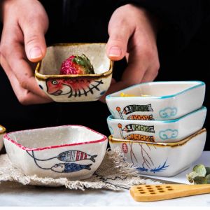 2pcs Japanese Style Ceramic Sauce Dishes Snack Fruit Dessert Plate Square Food Dipping Bowls Appetizer Plates (Random Pattern)