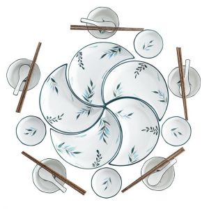 Nordic Ins Creative Willow Leaf Ceramic Snack Plate Dishes China Porcelain Platter Moon-shaped Combination Dishes Dinnerware Set
