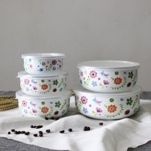 Round bottom sealing thickened refrigerator storage preservation fresh enamel bowl five piece set  fresh box lunch box