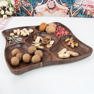 Retro Multi Grid Storage Tray Display Plates Fish Shape Solid Wood Food Pan Plate Fruit Snack Dishes Pots Base Dinner Plate New