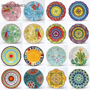 8 inch round hand-painted flower ceramic plate fruit salad plate dessert steak cuisine kitchen storage decorative tableware
