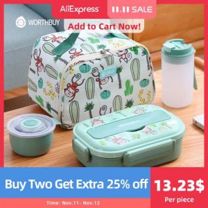 WORTHBUY Lunch Box For Kid With Compartment 316 Stainless Steel Cute Monkey Bento Lunch Box School Leak-Proof Food Container Box