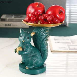 Resin Squirrel Fruit Plate Candy Jewelry Cosmetics Storage Tray Cartoon Animal Statue Figurines Coffee Table Living Room Decor