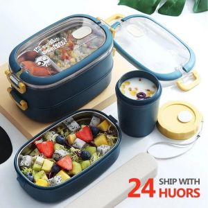 Multi-layer bento box Japanese Style Portable Outdoor 304 Stainless Steel thermal lunch box for kids With Compartment food boxs