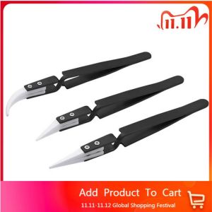 3Pcs Anti-Static Reverse Ceramic Tweezers Stainless Steel Electronic CIigarette Heat Resistant Conductive Curved Straight Tweeze
