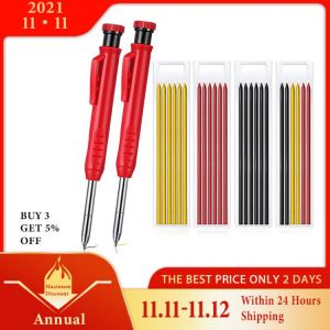 Solid Carpenter Pencil Set with 7 Refill Leads Built-in Sharpener Deep Hole Mechanical Pencil Marker Tool Woodworking Marker Set