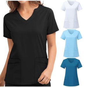 Blouse Women's Nursing Top Short Sleeve V-Neck Pocket Care Workers T-Shirt Tops New Nursing Accessories Uniformes Clinicos Mu