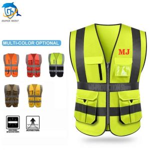 MJ High visibility reflective safety vest safety Clothing work reflective vest multi pockets workwear safety waistcoat men