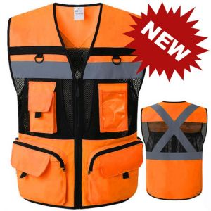 9 Pockets ANSI Fluorescent Orange Reflective Safety Vest Mesh Fabric Zippers Large Pockets Summer Vest