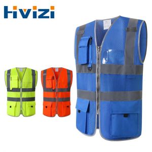 High Visibility Mesh Reflective Safety Vest With Zipper And Pockets Outdoor Construction Reflective Vest Jacket Blue