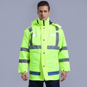 Reflective Work Clothing Fluorescent Safety Coat Raincoat With Hood Jacket Waterproof Winter Warm Outdoor Man Women Uniforms