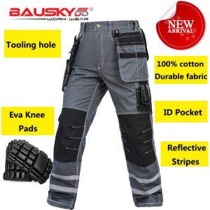 Bauskydd Mens carperner 100% cotton grey reflective work trousers with eva  knee pads work pants men free shipping