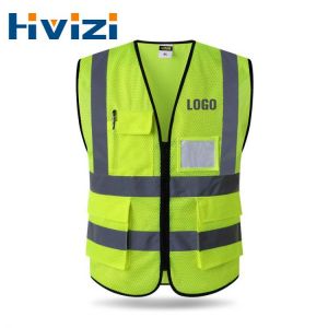 5 Pockets High Visibility Zipper Front Safety Vest With Reflective Strips Motorcycle Vest Mesh For Summer