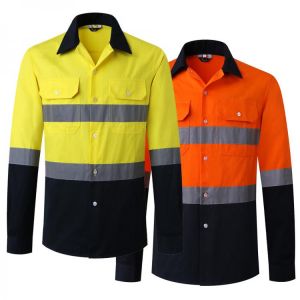 AS/NZS Australian Miner Hi Vis Button Work Shirt for Men Reflective Yellow and Navy Blue Two Tone Safety Cotton Shirt