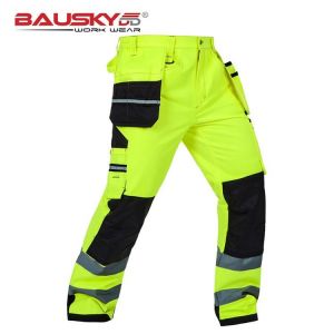 Bauskydd Mens Male Durable workwear multi-pocket reflective trousers with knee pads for work safety working pants free shipping