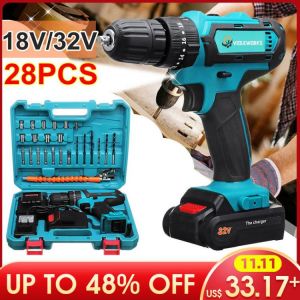 32V 3 in 1 Cordless Electric Screwdriver Drill Hammer Variable Speed Cordless Impact Drill With 1/2 Battery 38Nm Torque Max